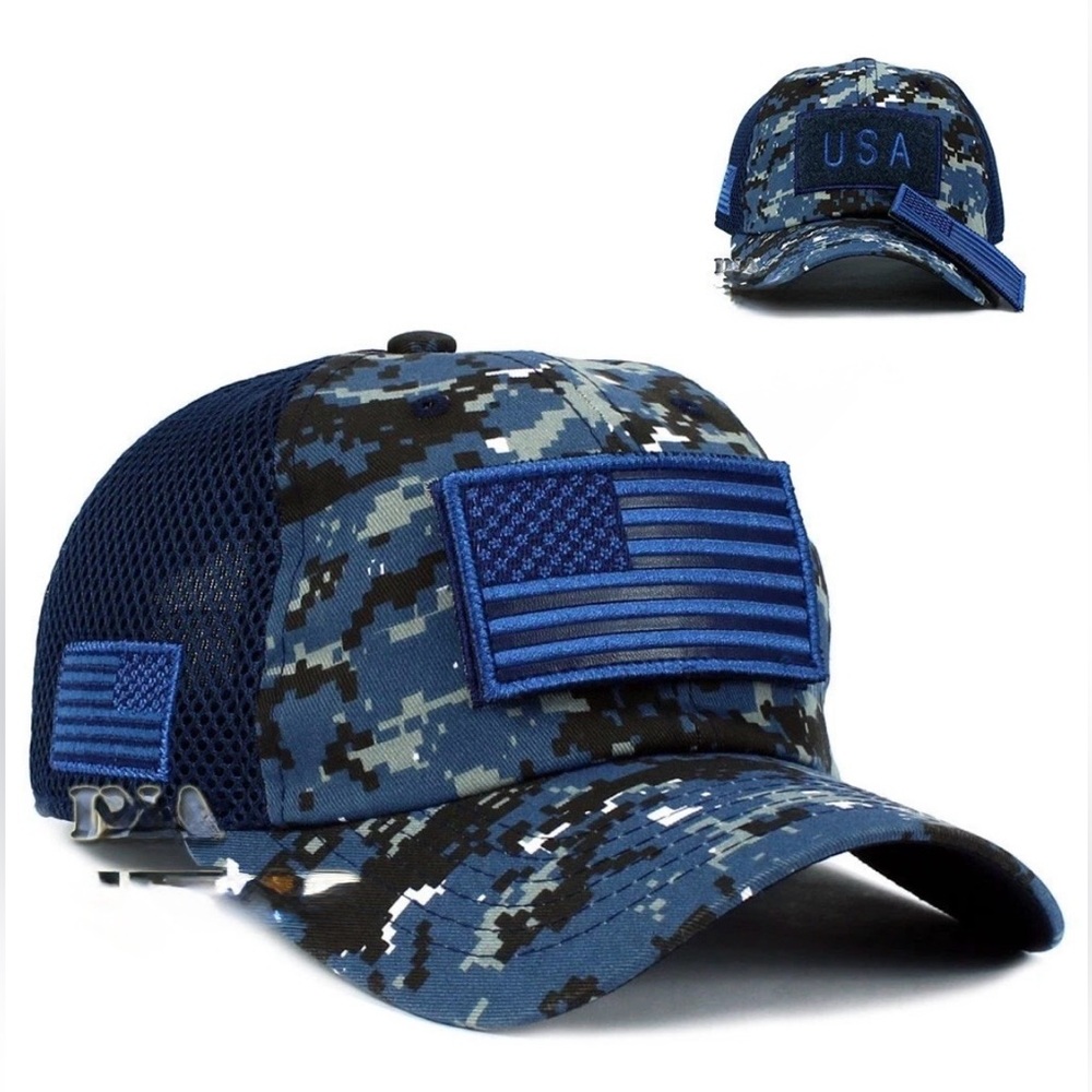 Navy Camo Tactical USA Flag Hat with Detachable Patch Adjustable Mesh Cap